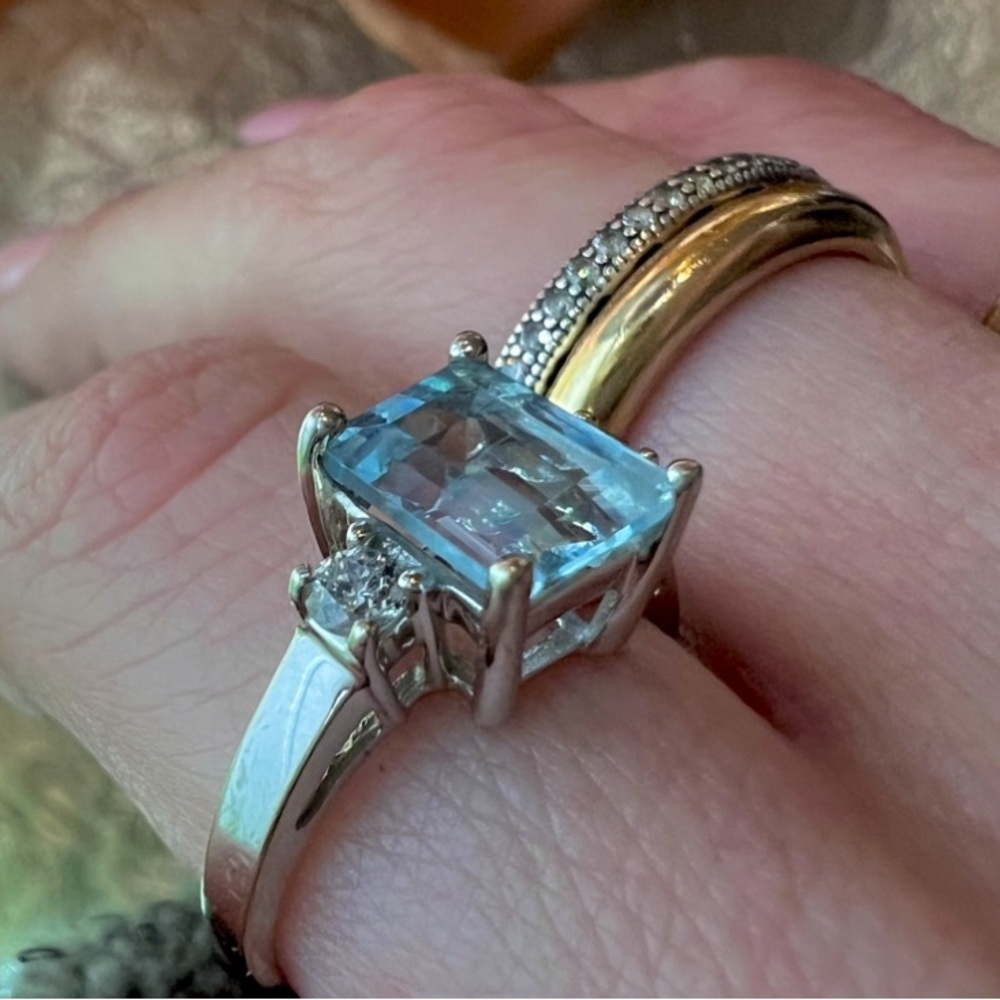 ❌SOLD❌ Vintage Aquamarine Diamond Ring Solid 14K Gold White Gold Emerald cut - Picture 6 of 17